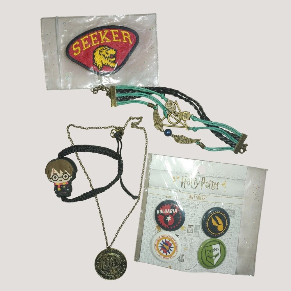 Harry Potter Memorabilia Set Featuring Button Set Bracelet Necklace & Seeker Pat